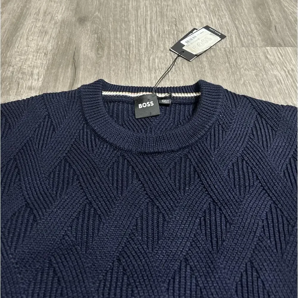 BOSS Hugo Boss Men’s 100% Virgin Wool Textured Crew Neck Sweater Navy L NWT